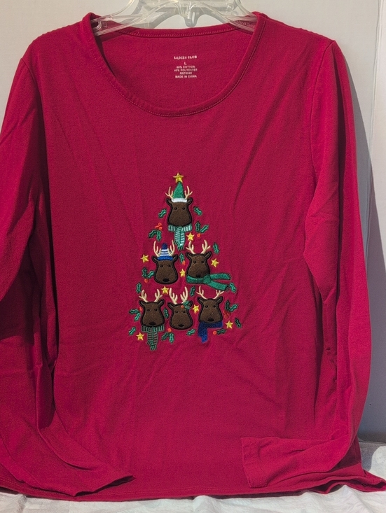 Ladies Club Tops - Ladies Club Holiday Reindeer Long-Sleeve Top - Bright Red, Large